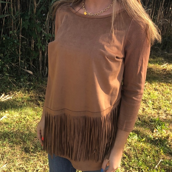 International Concepts Camel Faux-Suede Fringe Top - Picture 1 of 10